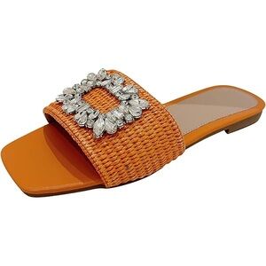 Amazon LVOMU Rhinestone Orange Weave Square Toe Flat Slide Sandals Size EU 38